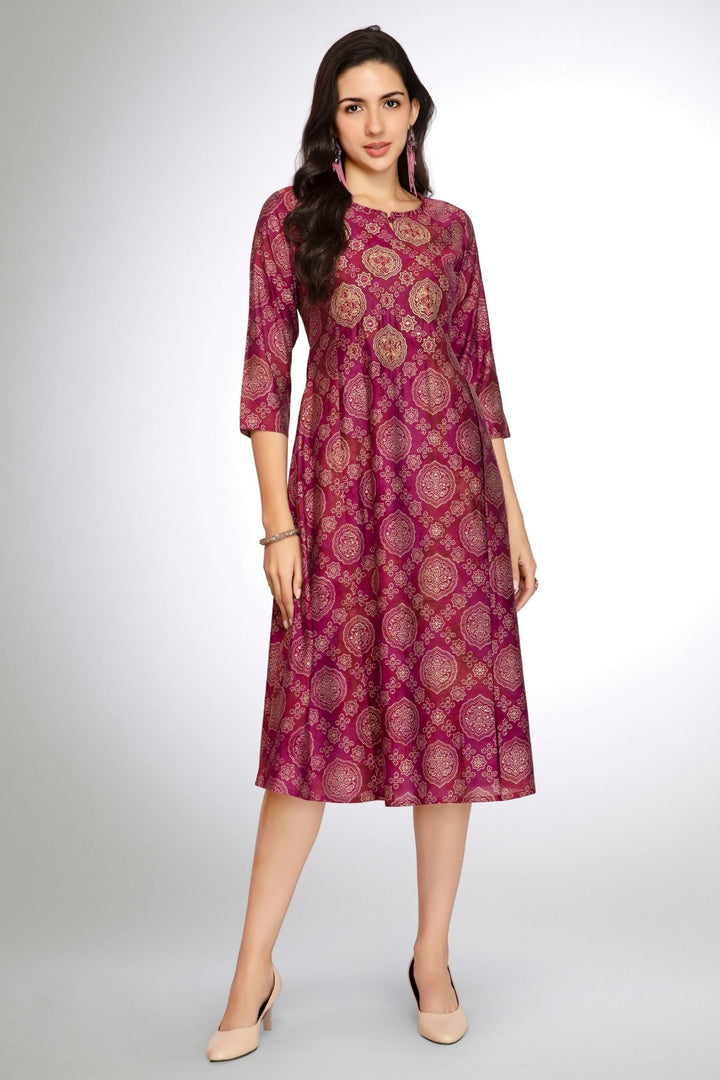Purple Mirror and Thread work with Digital Print A-Line Cut Calf Length Kurti