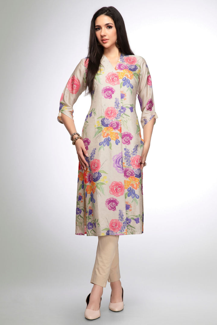 Beige Stone work with Multicolor Digital Print A-line Cut Calf Length Kurti