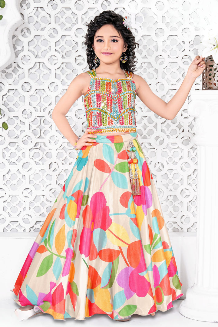 Beige Mirror and Beads work with Multicolor Digital Print Lehenga Choli for Girls