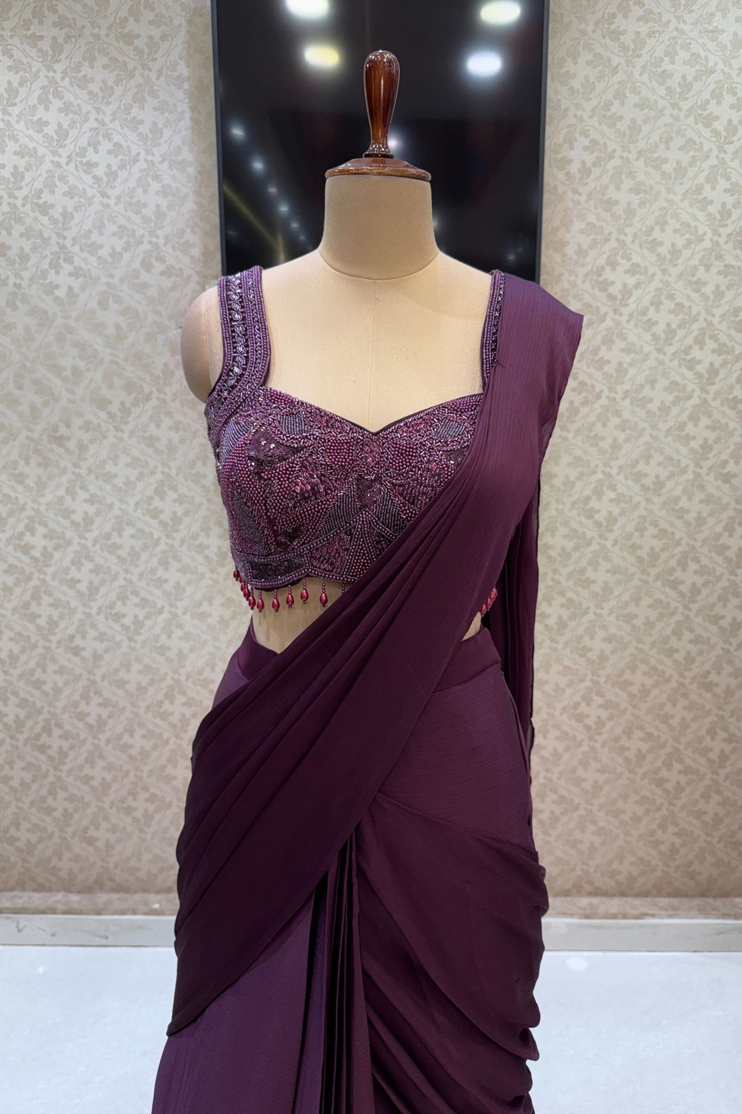 Wine Readymade Saree with Beads, Sequins and Pearl work Readymade Blouse