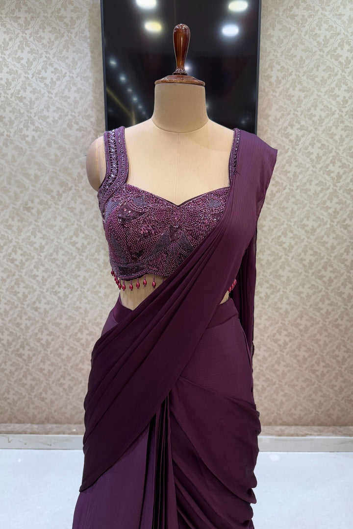 Wine Readymade Saree with Beads, Sequins and Pearl work Readymade Blouse