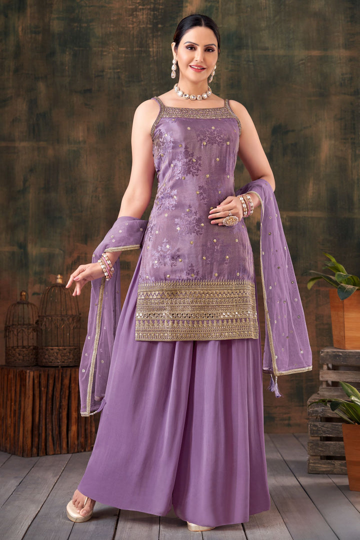 Purple Banaras, Sequins, Zari, Mirror, Stone and Beads work Palazzo Salwar Suit