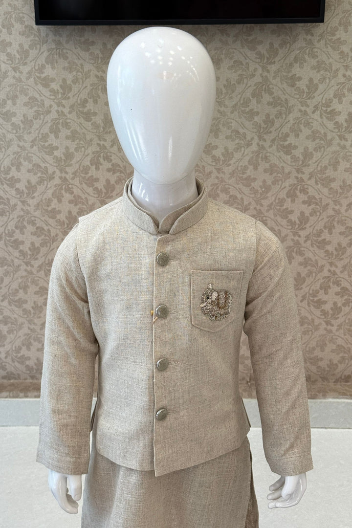 Beige Beads work Waist Coat Kurta Set for Boys