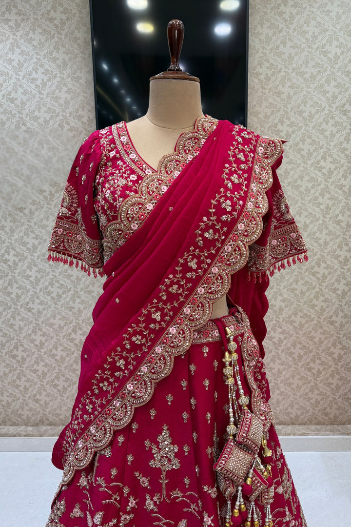 Designer Wedding Lehenga in Rani Pink with Beads, Zari and Sequins Work