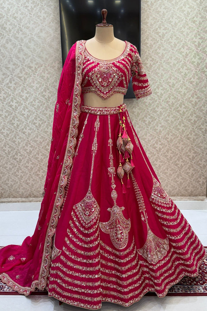 Rani Pink Zari, Sequins, Beads and Zardozi work Crop Top Designer Bridal Lehenga with Belt