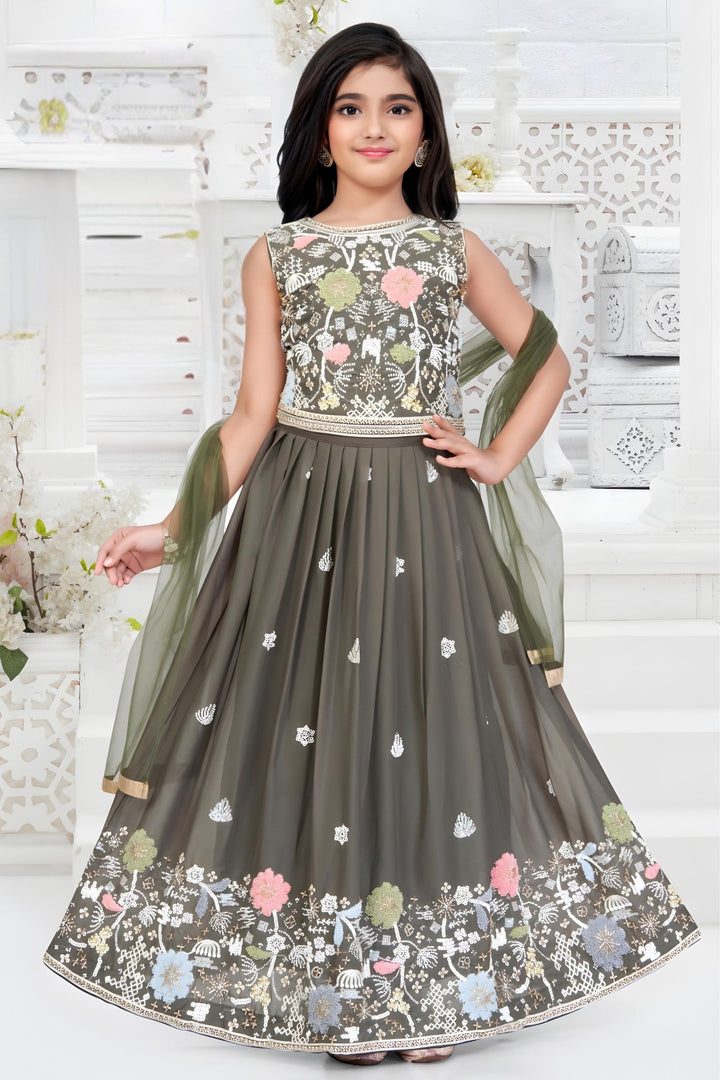 Dark Green Multicolor Thread, Sequins and Beads work Lehenga Choli for Girls