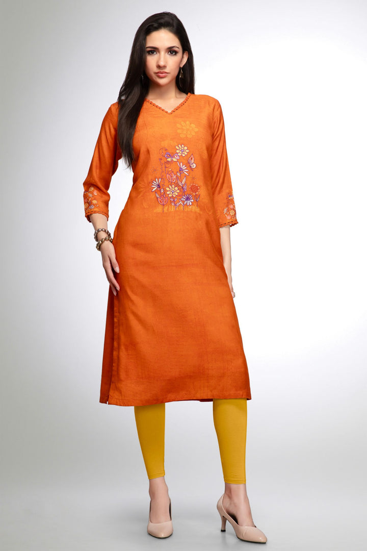 Orange Zari and Thread work with Floral Print Calf Length Kurti