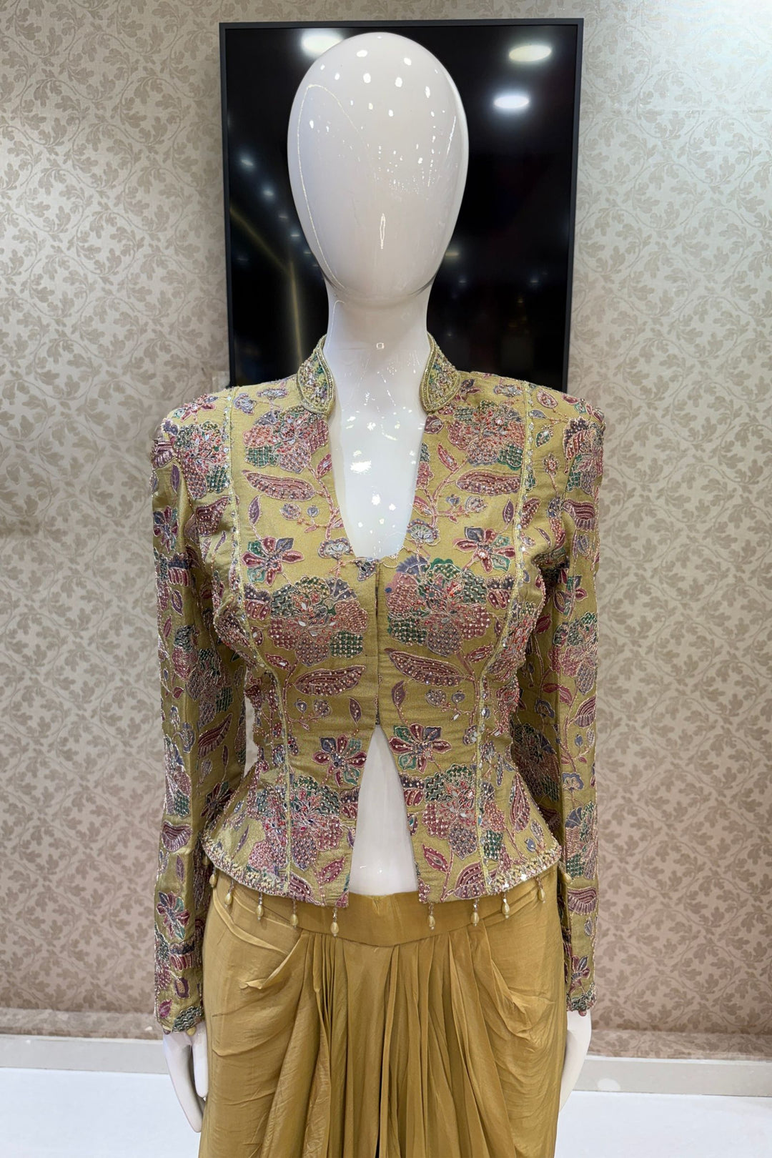 Green Beads, Zari and Sequins work with Floral Print Crop Top and Cowl Skirt