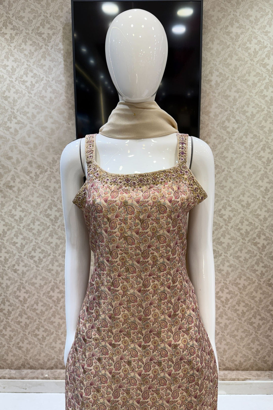 Beige Banaras, Stone and Zari Weaving work with Digital Print Straight Cut Salwar Suit