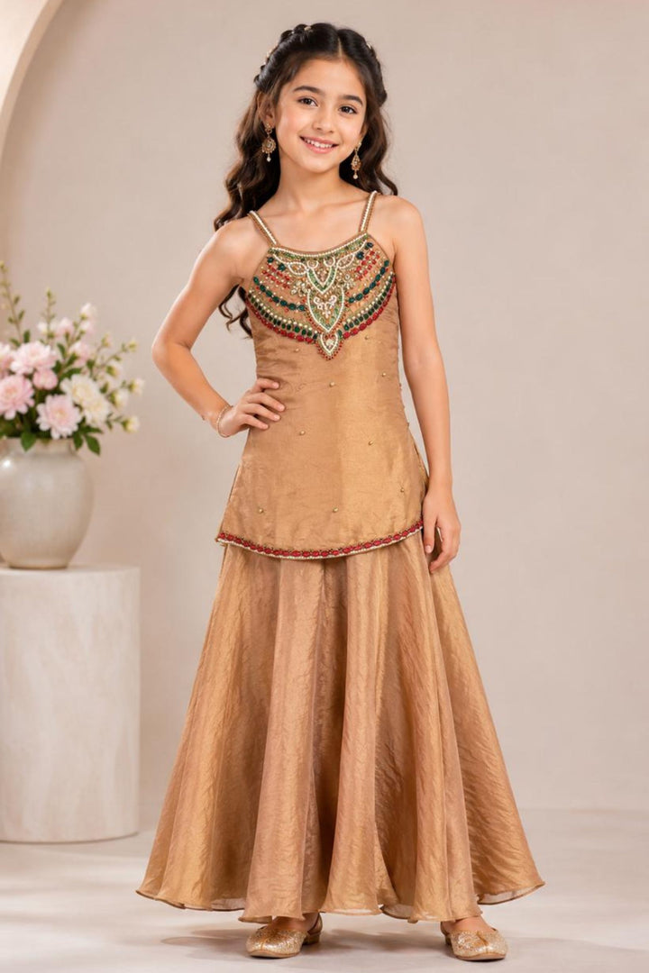 Gold Beads, Pearl, Kundan and Stone work Palazzo Suit Set for Girls