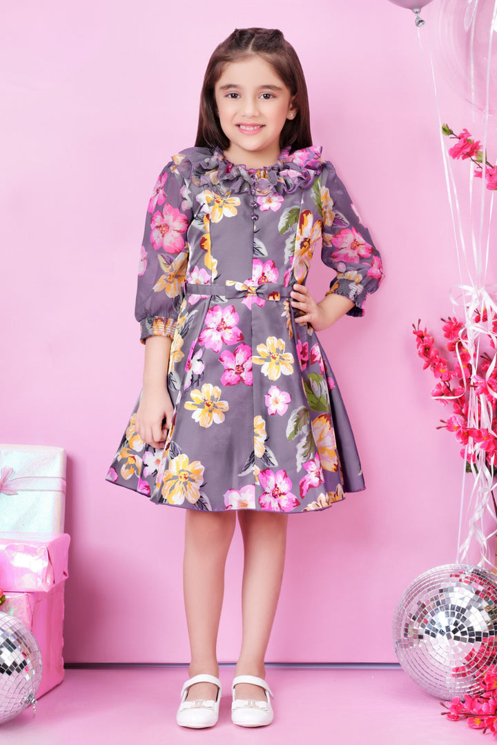 Light Purple Floral Print Short Casual Frock For Girls