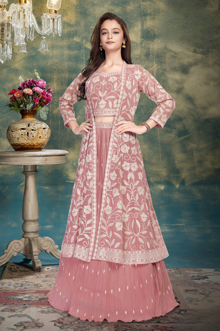 Onion Pink Sequins and Thread work Overcoat Styled Lehenga Choli for Girls