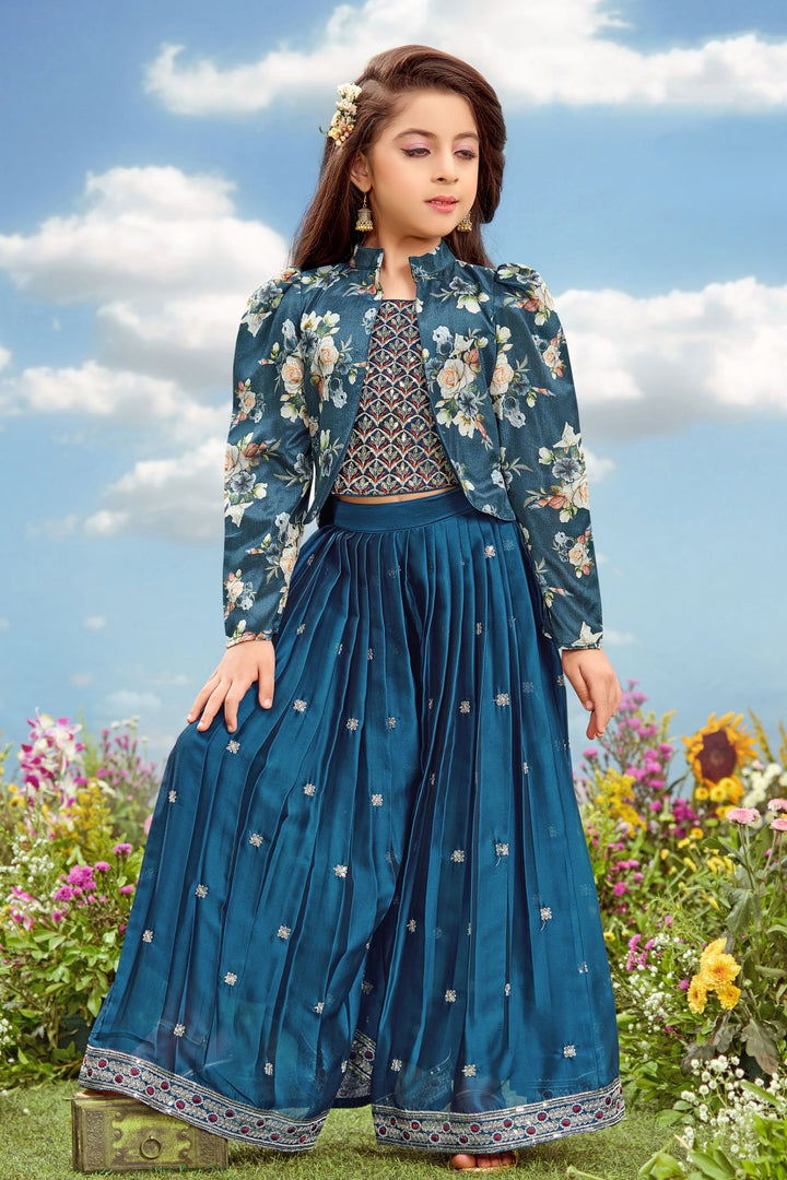 Peacock Blue Sequins, Thread and Zari work Jacket Styled Palazzo Set For Girls