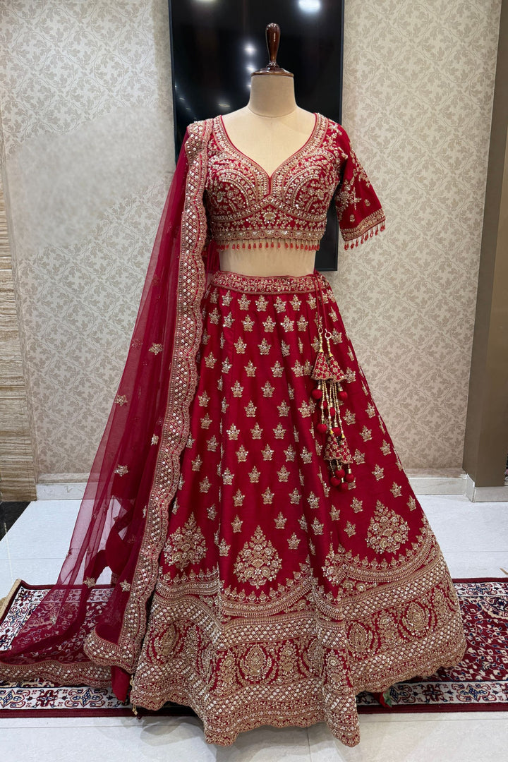 Maroon Beads, Zari, Zardozi and Sequins work Crop Top Designer Bridal Lehenga with Belt