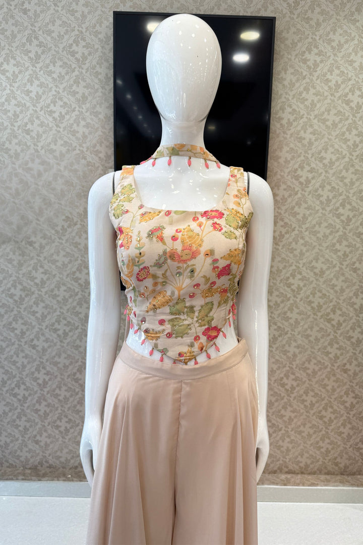 Cream Stone, Mirror and Beads work with Multicolor Digital Print Palazzo Suit Set