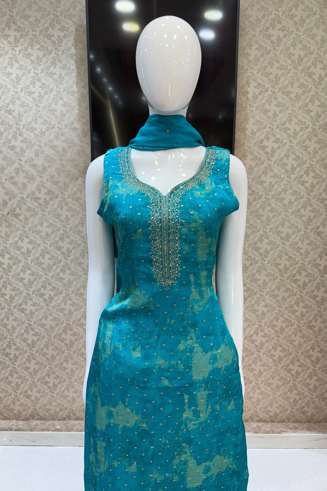 Rama Blue Stone, Zari, Beads, Zardozi and Mirror work Straight Cut Salwar Suit