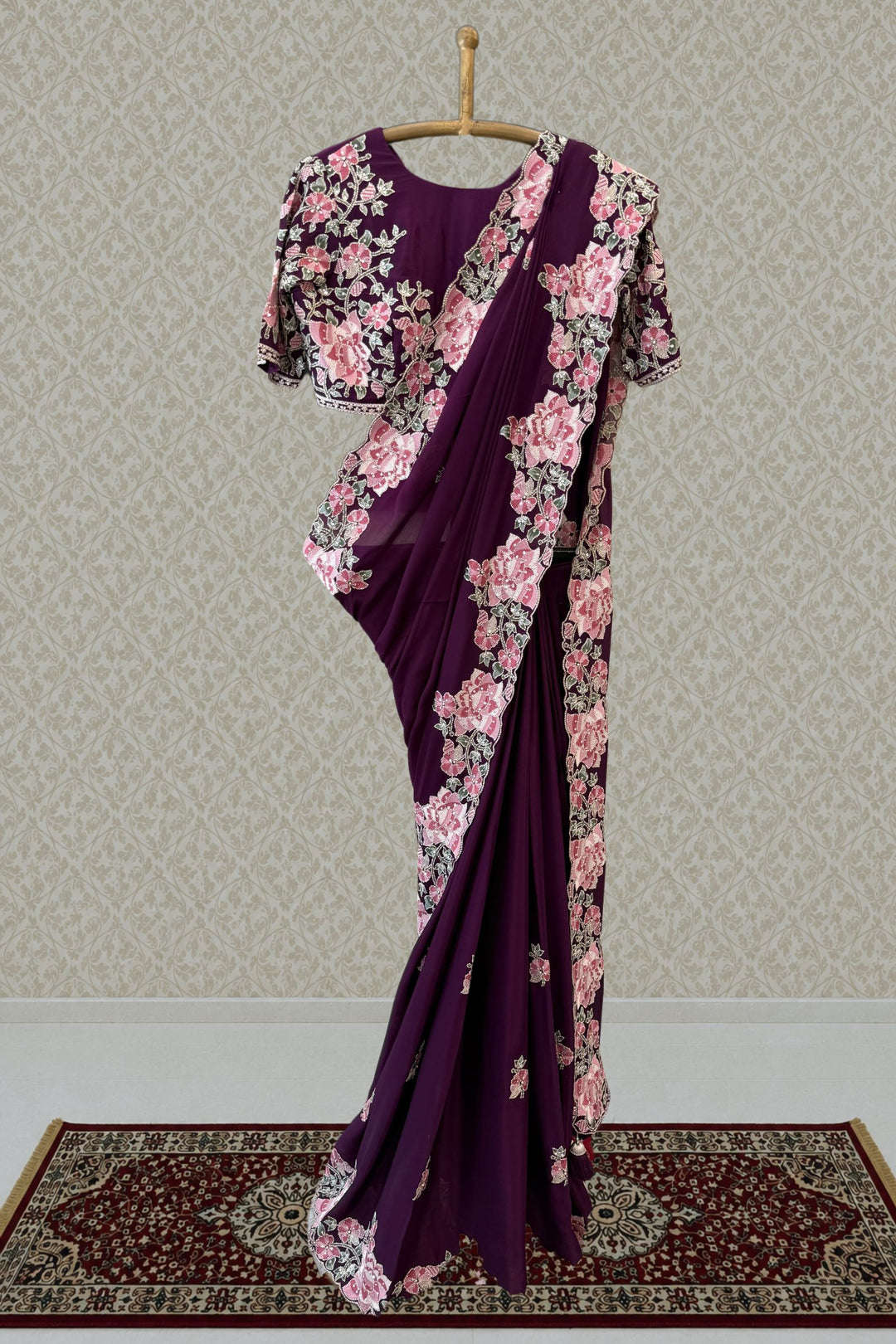 Wine Saree with Exquisite Floral Thread, Sequin and Bead Embellishments