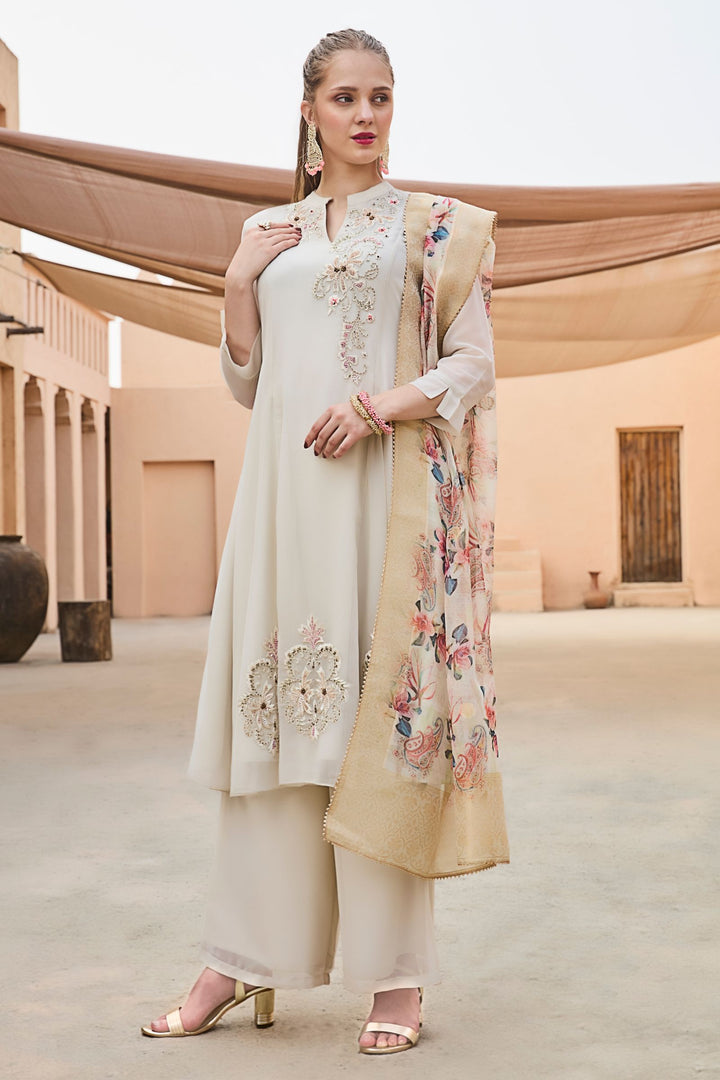 Cream Beads, Sequins and Embroidery work Anarkali Style Salwar Suit with Palazzo Pant