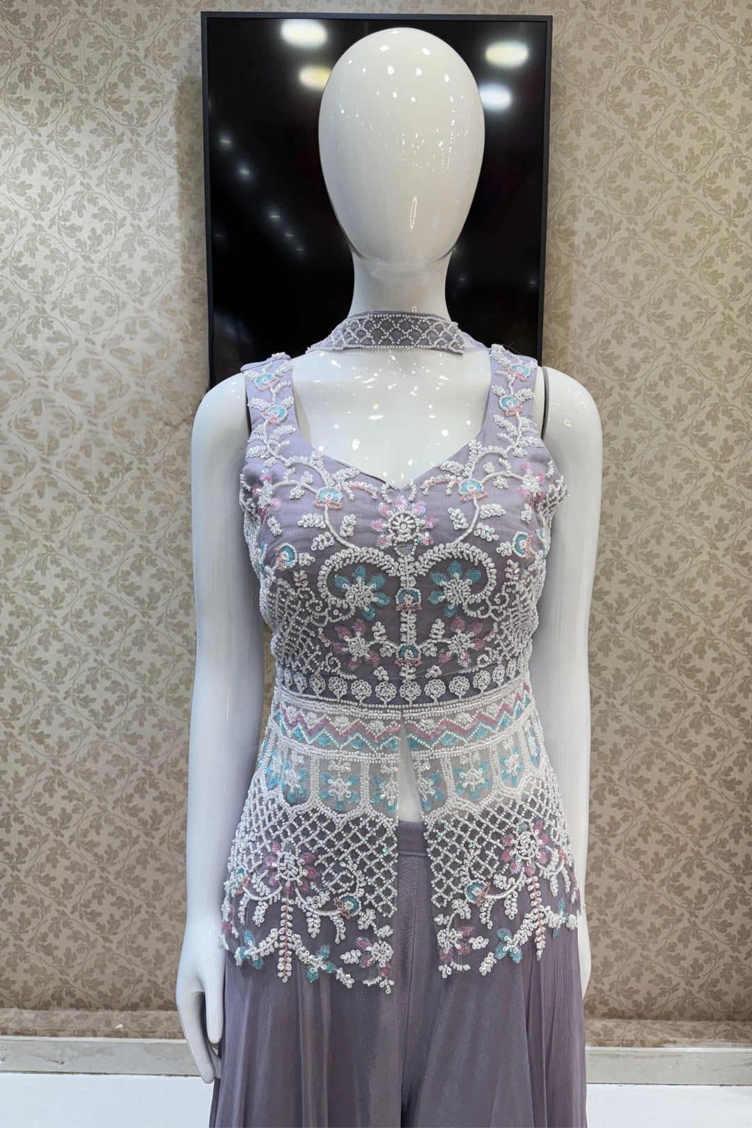 Lilac Beads and Sequins work Palazzo Suit Set