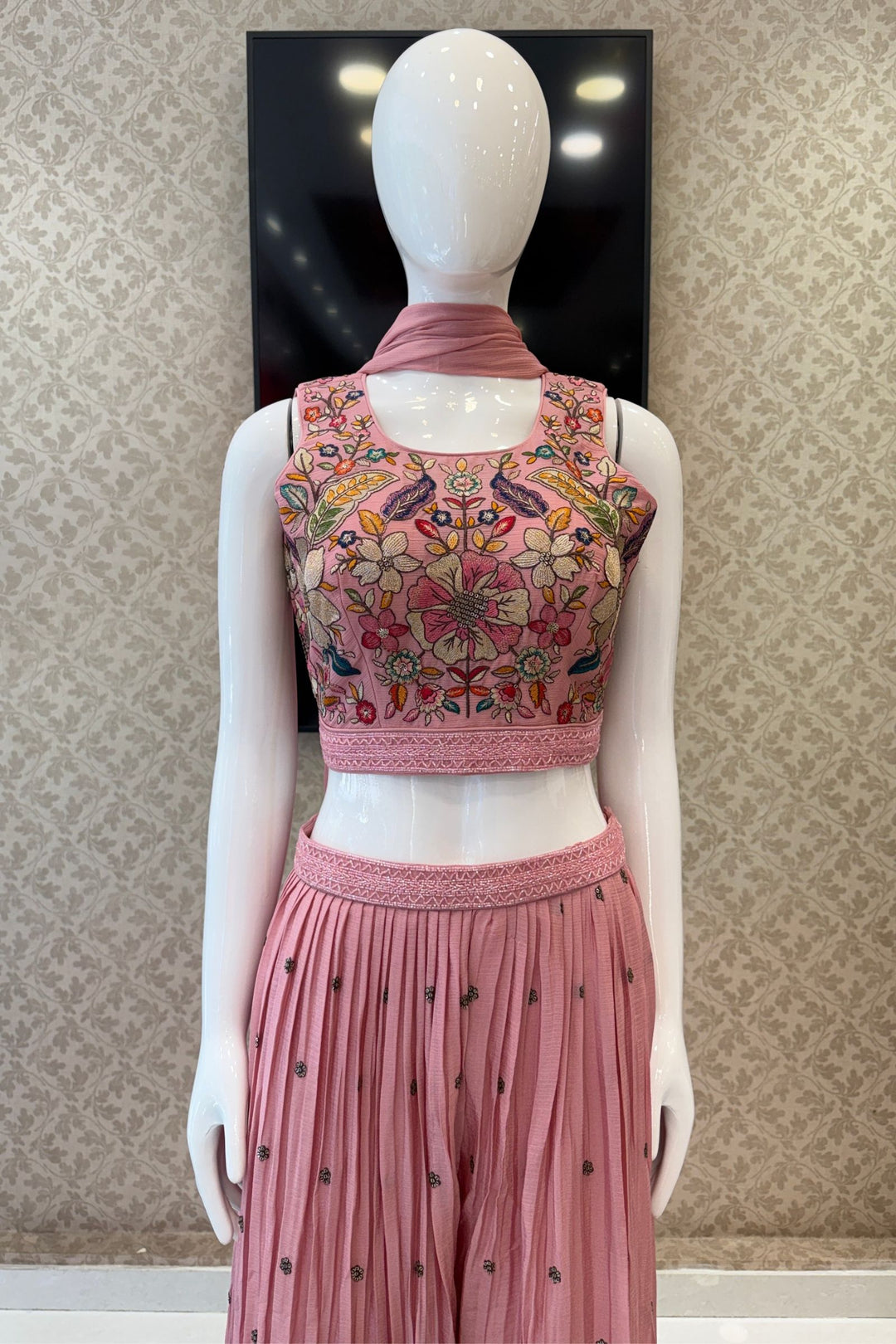 Pink Floral Embroidered Palazzo Set