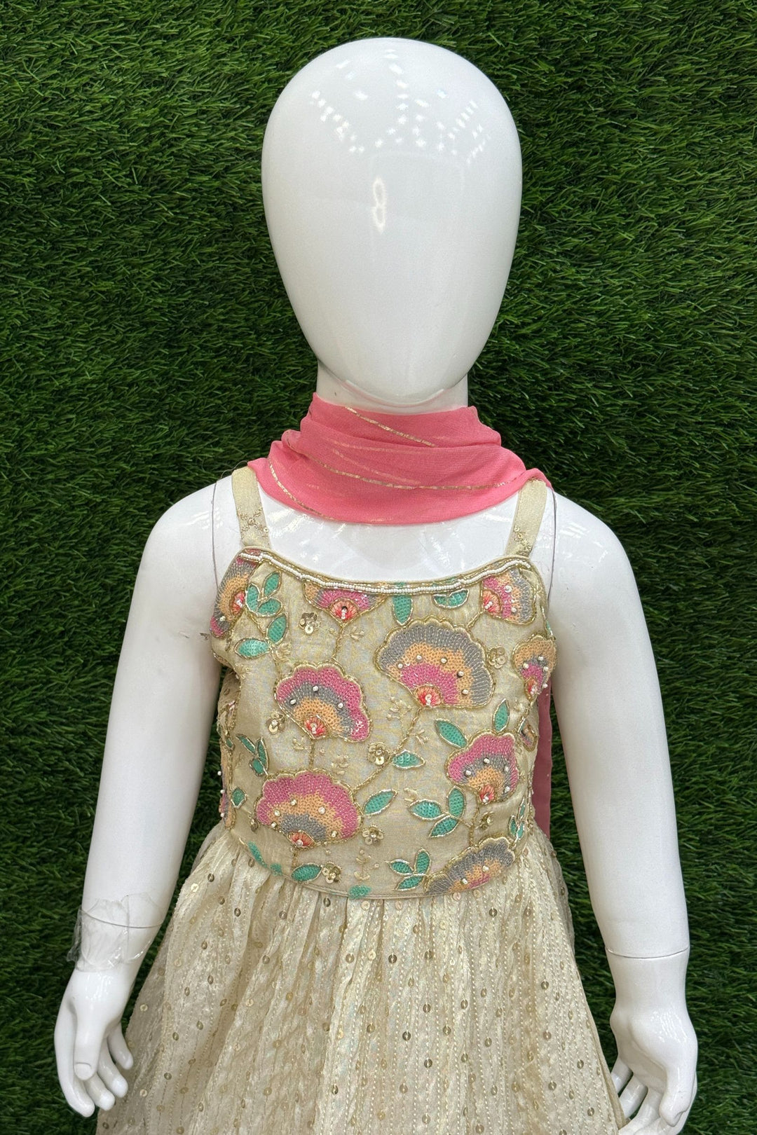 Cream Sequins, Multicolor Embroidery, Beads and Thread work Lehenga Choli for Girls