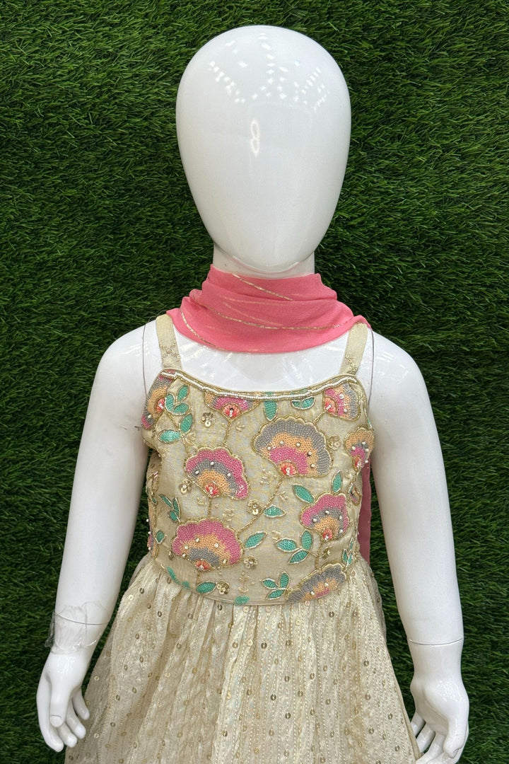 Cream Sequins, Multicolor Embroidery, Beads and Thread work Lehenga Choli for Girls