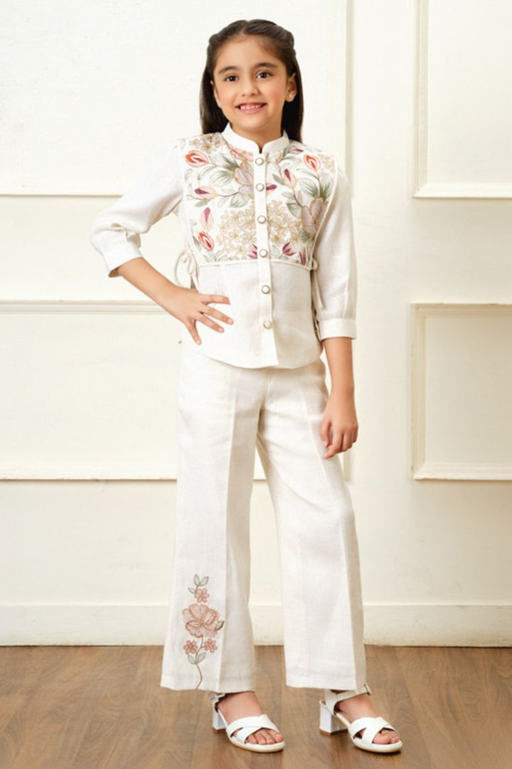 Half White Sequins and Multicolor Thread work Co-ord Set for Girls