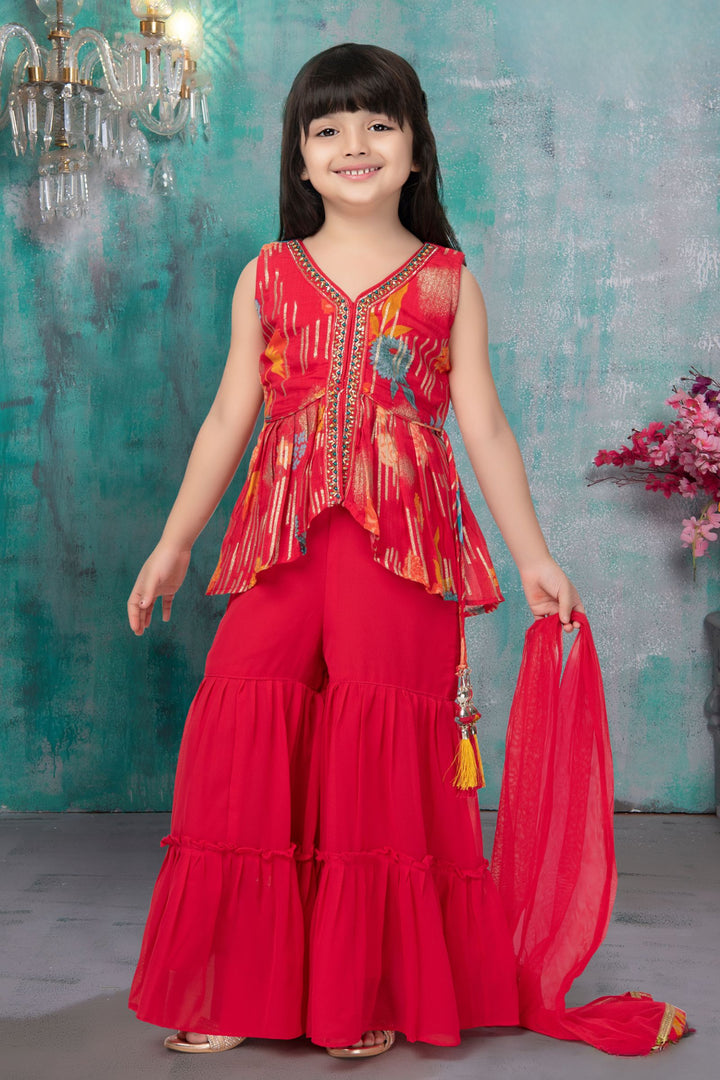 Rani Pink Zari and Beads work with Digital Print Peplum Top and Sharara Set for Girls