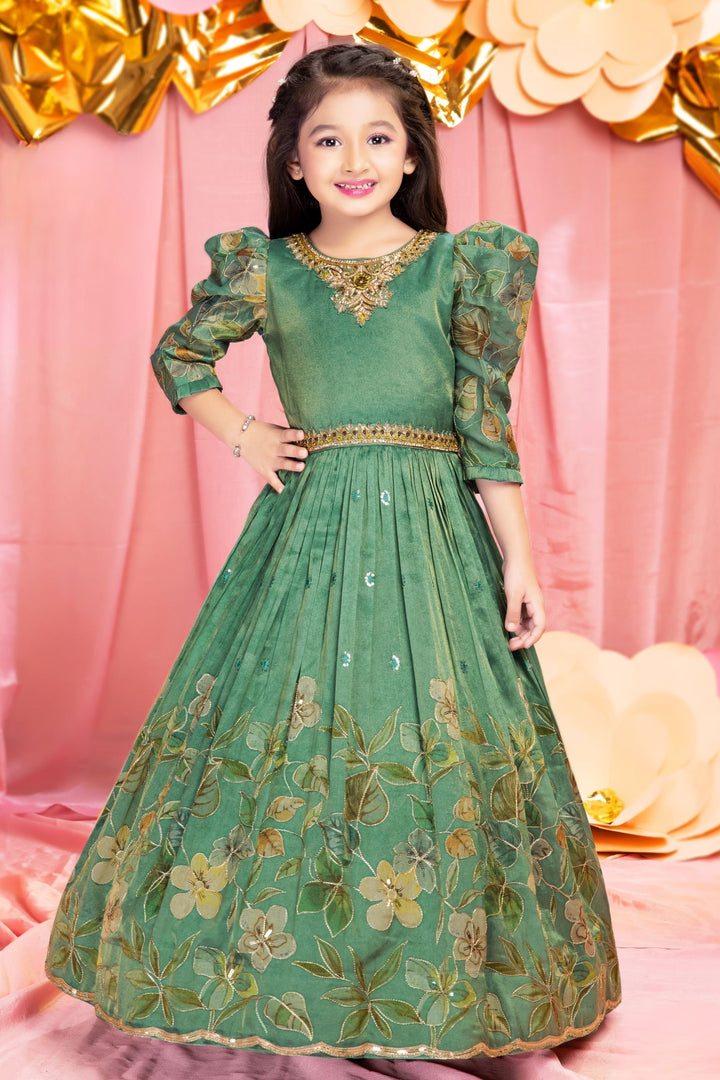 Green Mirror, Stone and Zari work with Floral Print Long Party Gown for Girls