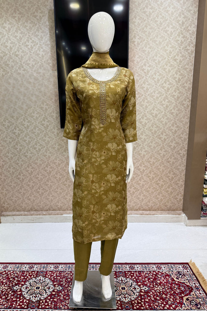 Olive Green Mirror, Zardozi and Banaras work with Floral Print Straight Cut Salwar Suit