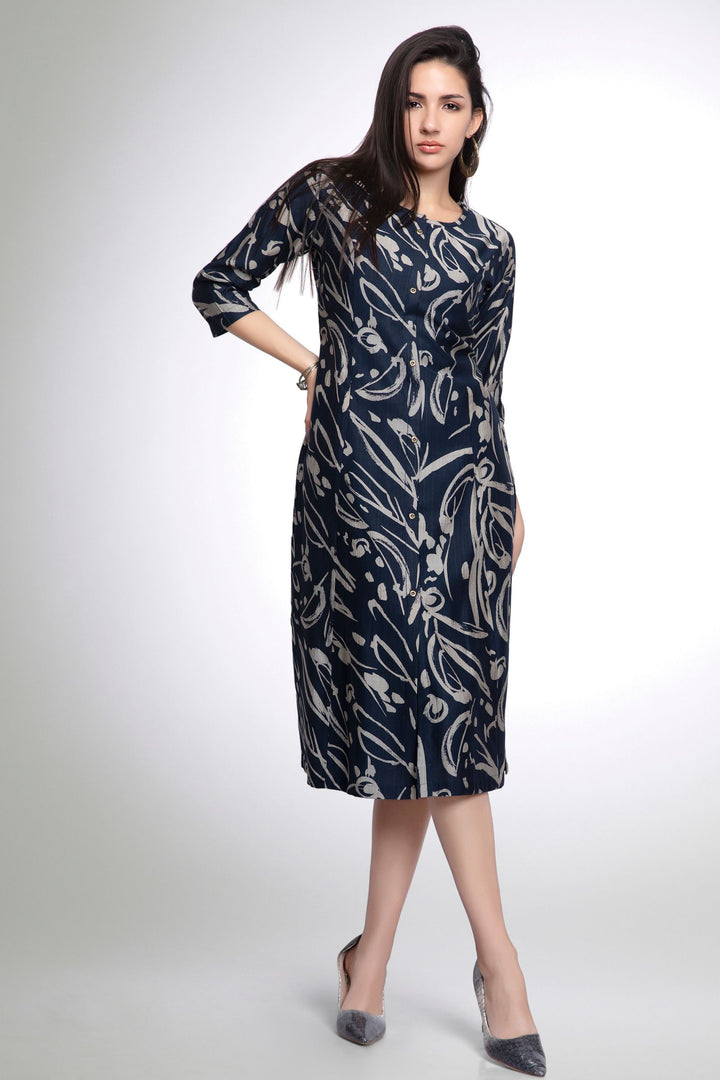 Navy Blue Abstract Print A-line Cut Calf Length Kurti