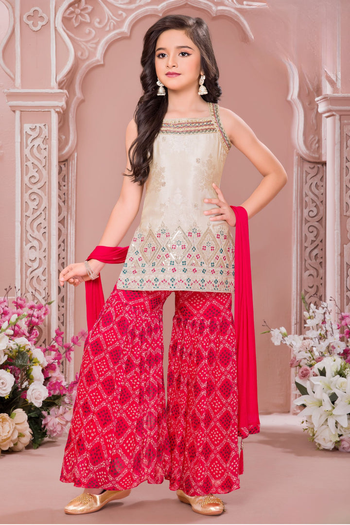 Cream with Pink Mirror, Zari and Thread work with Digital Print Sharara Suit Set for Girls