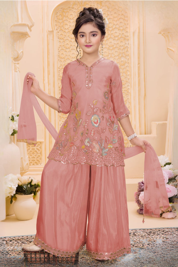 Peach Sequins, Zari and Multicolor Thread work Palazzo Suit Set for Girls