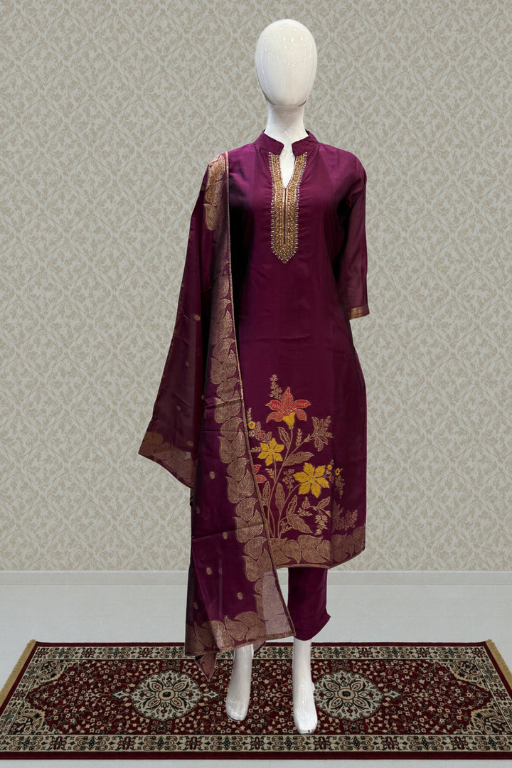 Wine Straight Cut Salwar Suit with Beads, Zardozi, Sequins, Mirror and Brocade work
