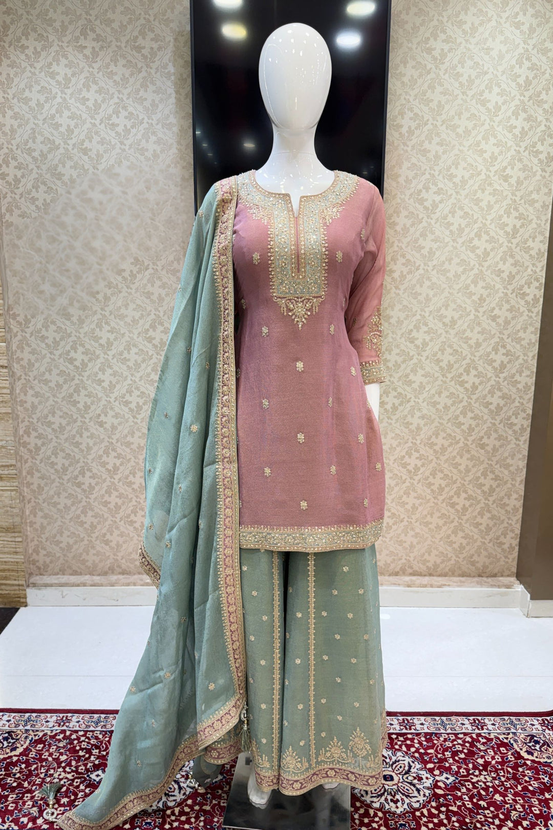 Onion Pink with Sea Green Sequins, Pearls, Stone and Zari work Palazzo Salwar Suit