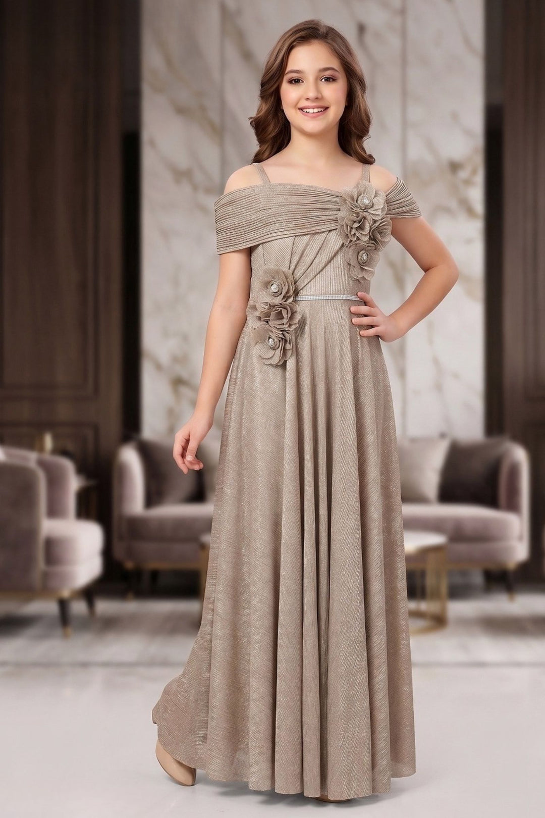Fawn Stone work Long Party Gown for Girls