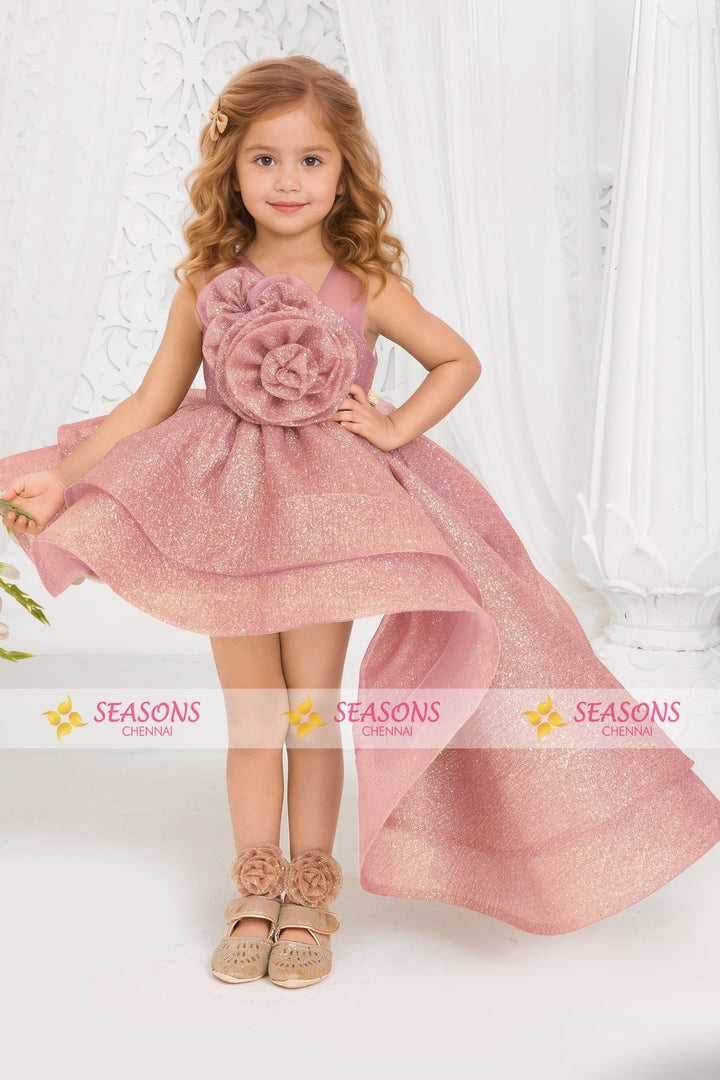 Rose Gold Glitter work Short Partywear Frock for Girls