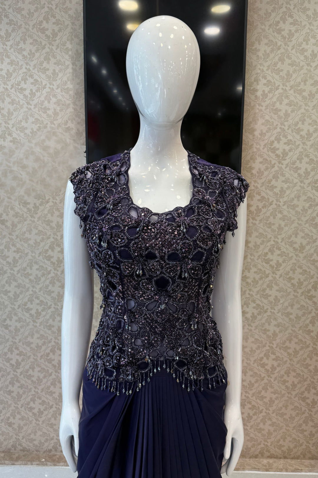 Purple Indo-Western Styled Beads and Sequins work Top and Cowl Skirt