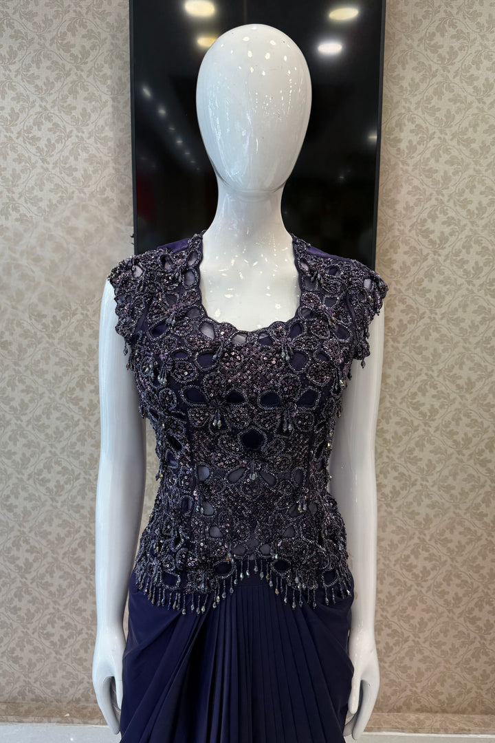 Purple Indo-Western Styled Beads and Sequins work Top and Cowl Skirt