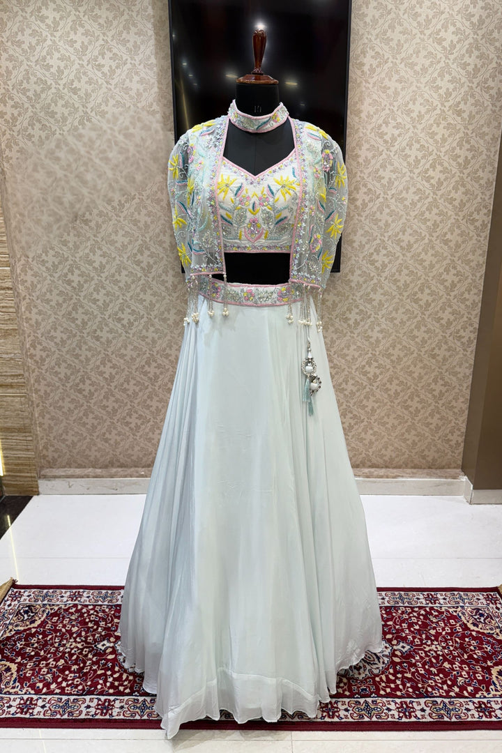 Sea Blue Beads, Sequins and Stone work with Poncho Crop Top Lehenga