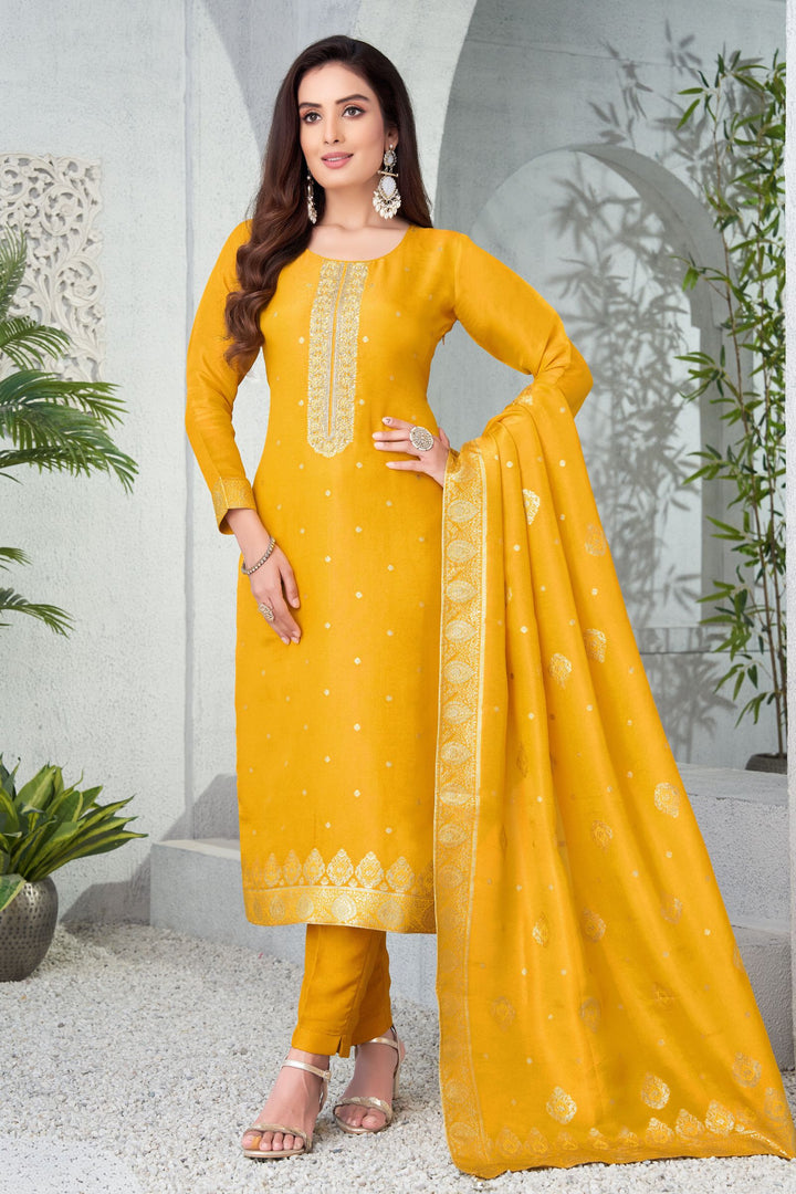 Yellow Banaras, Zari, Beads, Sequins and Thread work Straight Cut Salwar Suit