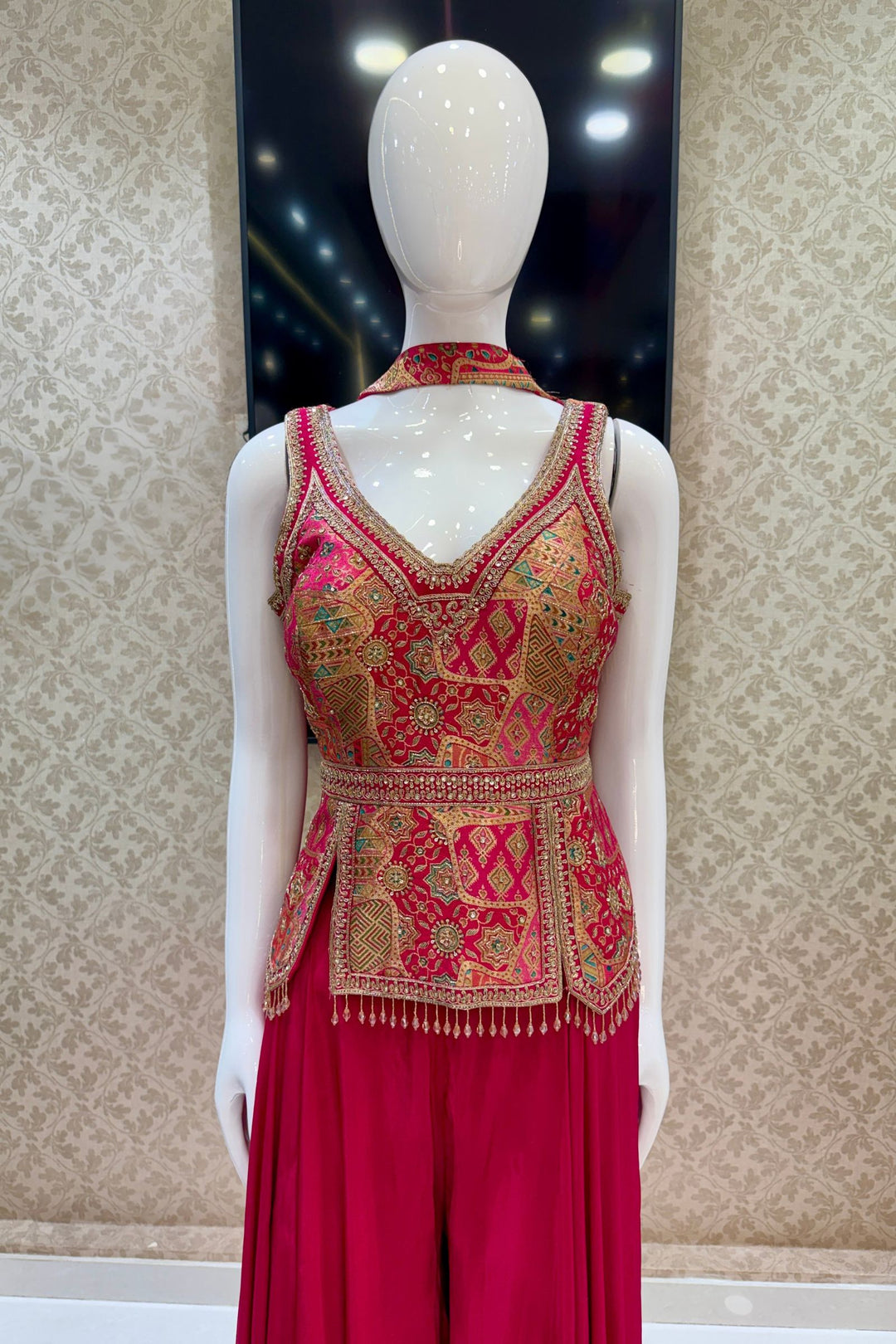 Rani Pink Brocade, Beads, Zardozi, Stone, Zari and Sequins work Palazzo Set