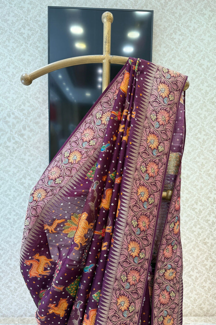 Wine Banaras and Traditional Woven Animal Motifs work with Bandhani Print Saree