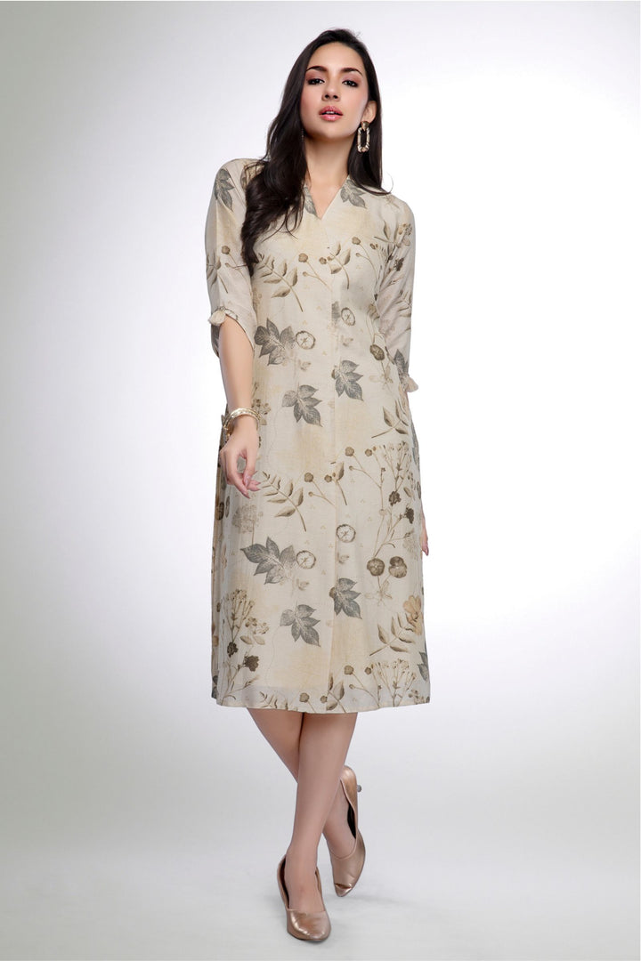 Cream with Digital Print and Stone work Calf Length Kurti