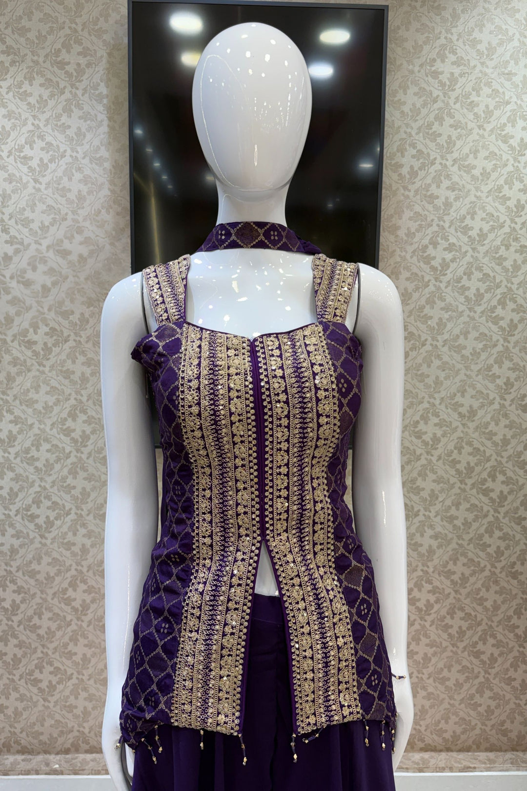 Purple Banaras Zari, Sequins and Zari Thread work Palazzo Suit Set
