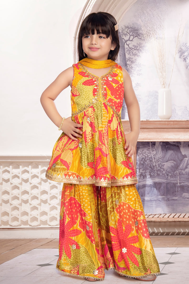 Yellow Zari and Sequins work Alia Cut Peplum Top and Sharara Set for Girls