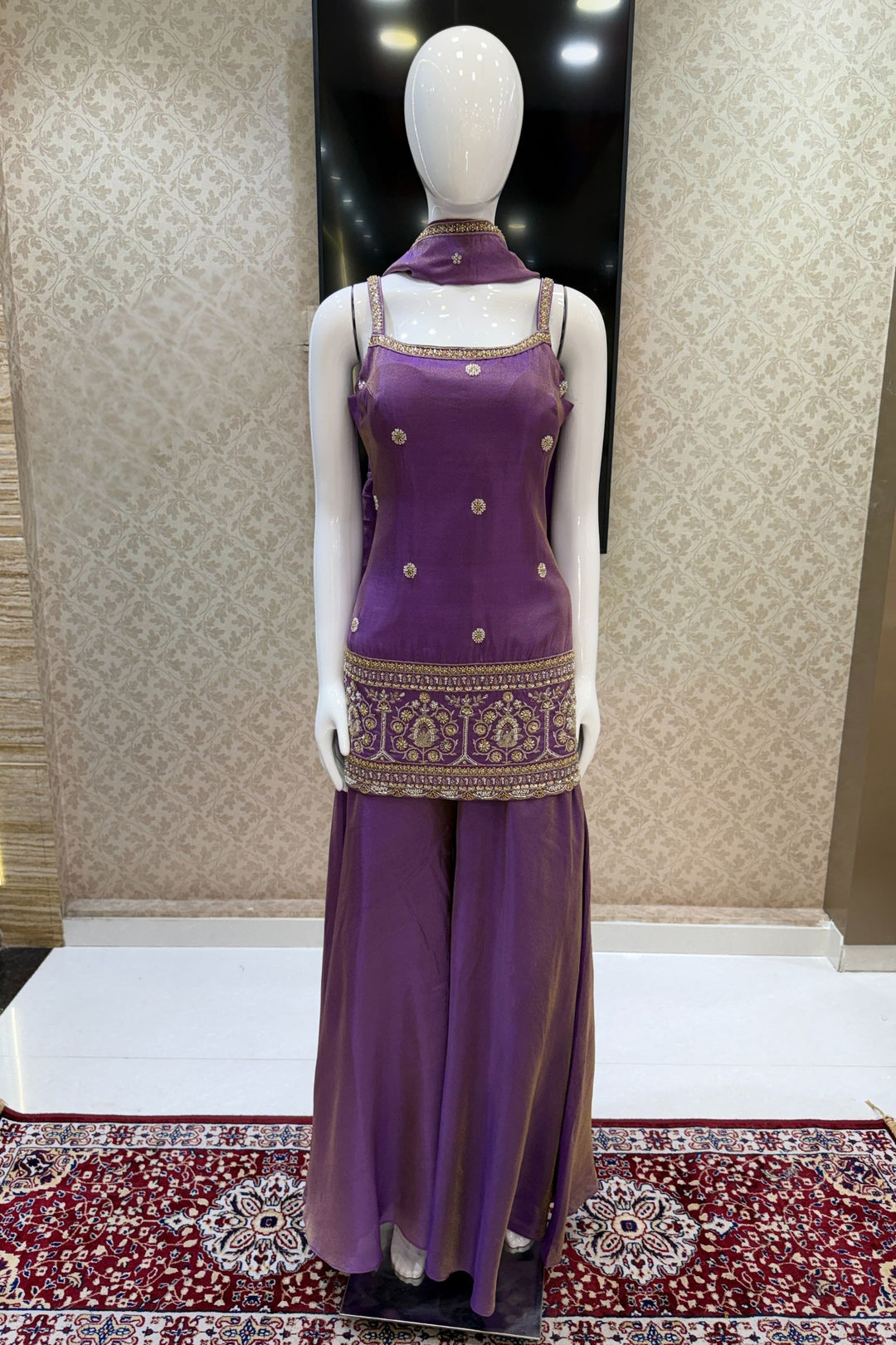 Purple Beads, Sequins and Zari work Palazzo Salwar Suit