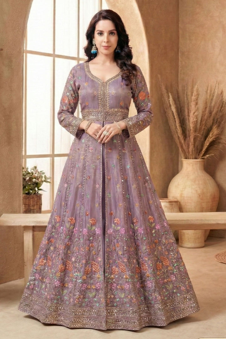 Purple Multicolor Embroidery, Sequins and Zari work Mastani Styled Palazzo Suit
