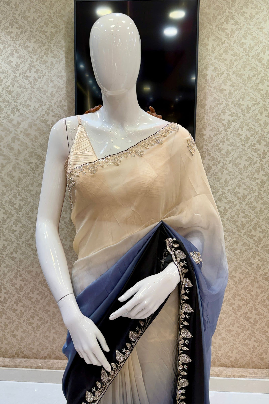 Elegant Black and Cream Saree with Stone, Beads and Sequins Detailing