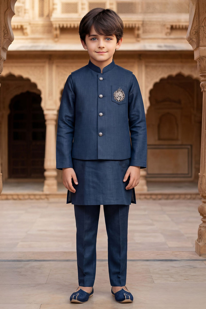 Dark Blue Zardozi work Waist Coat Kurta Set for Boys
